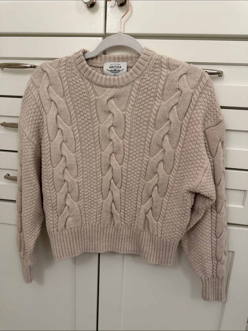 Aritzia Cable Knit Crewneck Sweater in Light Taupe